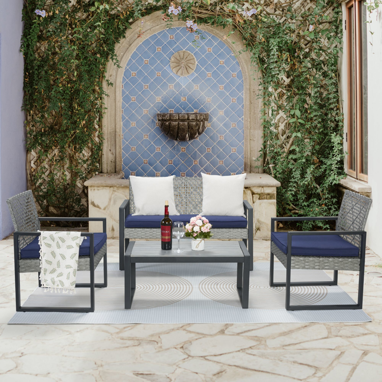 4-Piece Patio Furniture Set with Gray Acacia Wood Table Top, Light Gray Rattan & Blue Cushion