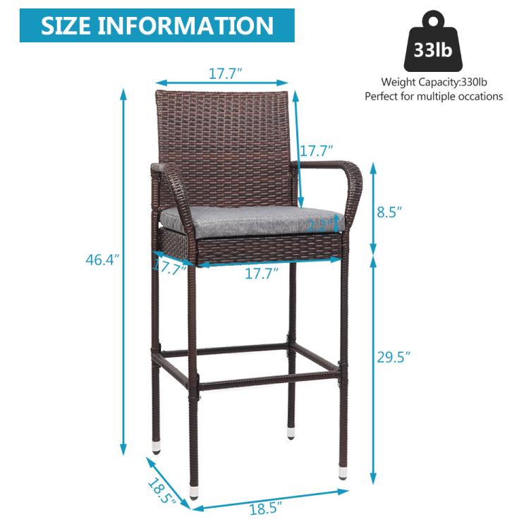 2 Sets Wicker Bar Stools with Cushions
