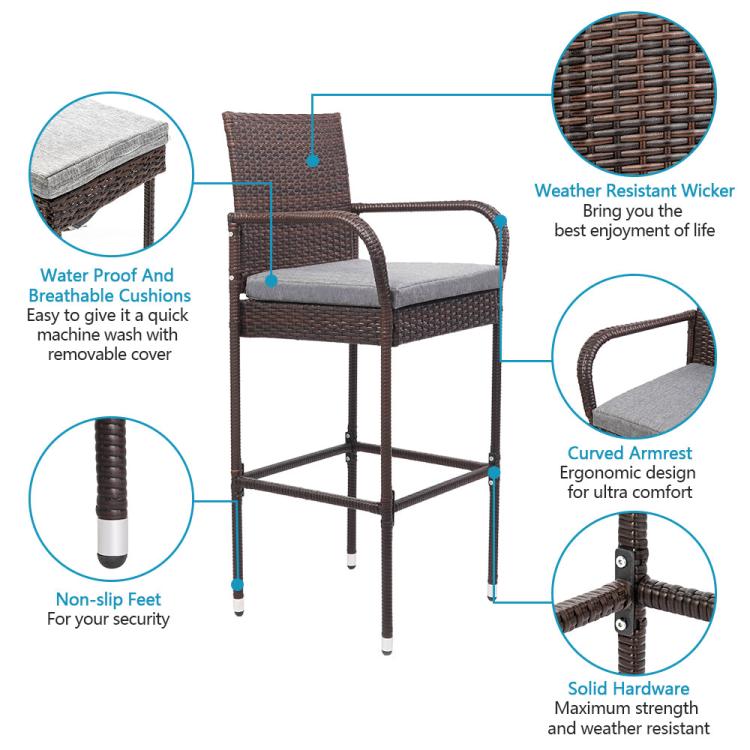 2 Sets Wicker Bar Stools with Cushions