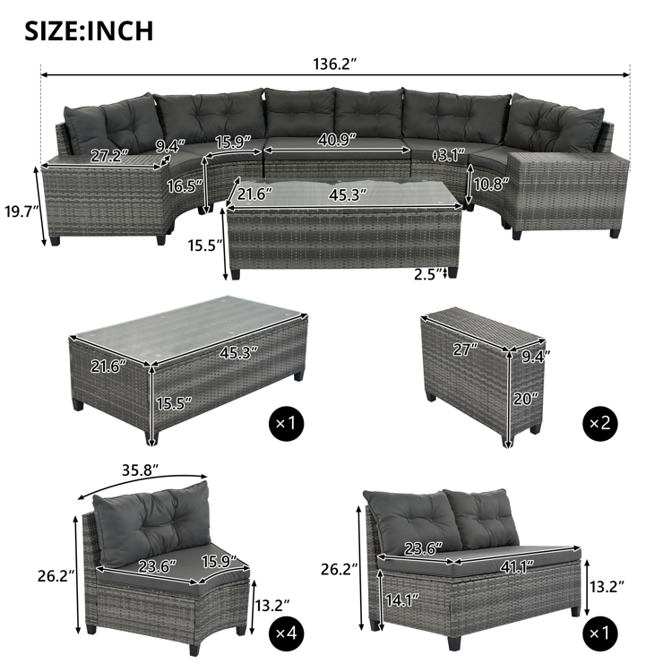 8-Piece Outdoor Half-Moon PE Rattan Curved Sofa Set, Gray