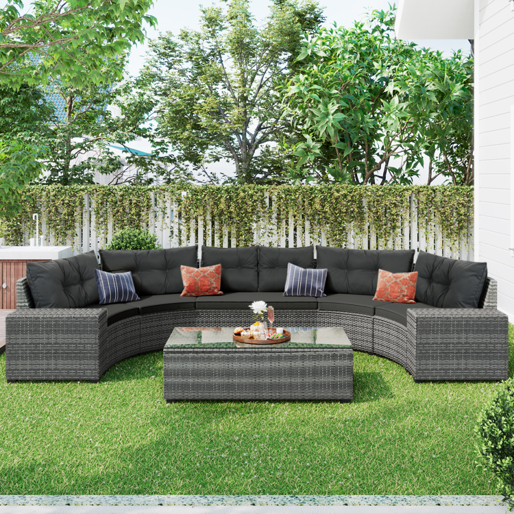 8-Piece Outdoor Half-Moon PE Rattan Curved Sofa Set, Gray