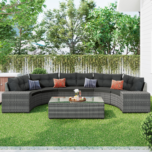 8-Piece Outdoor Half-Moon PE Rattan Curved Sofa Set, Gray