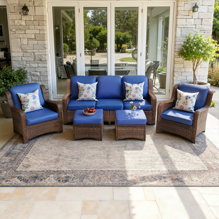 Patio Rattan Sectional Conversation Set, 3-Seater Couch, 2 Single Chairs & 2 Ottomans