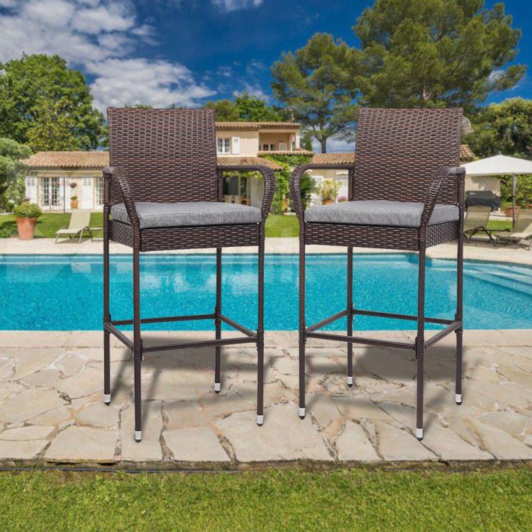 2 Sets Wicker Bar Stools with Cushions