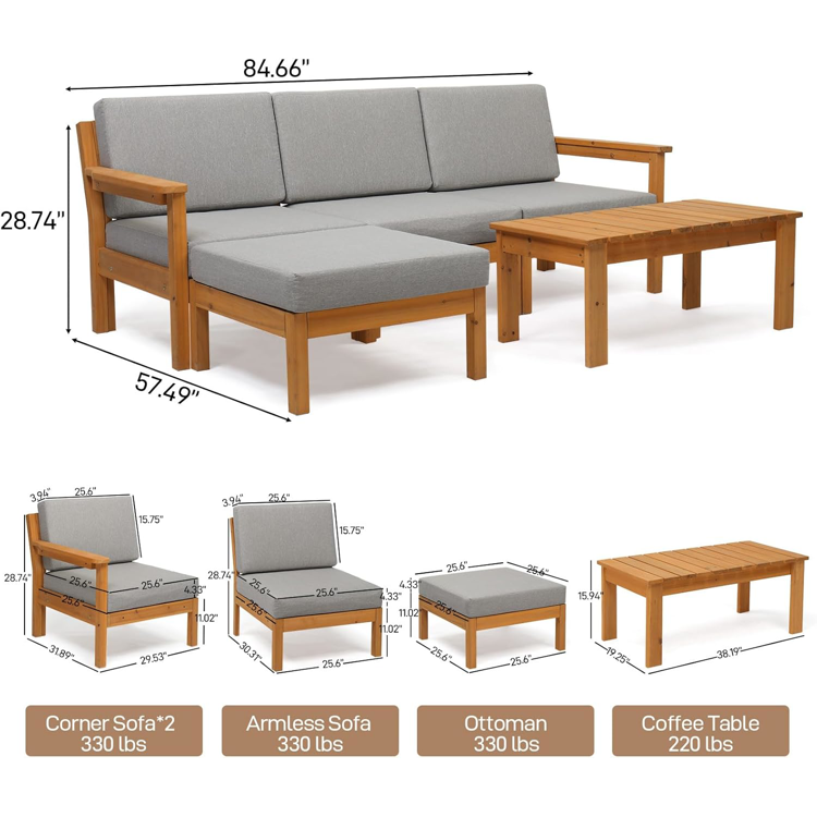 5-Piece Wooden Patio Sectional Sofa Set with Coffee Table,L-Shaped Outdoor Conversation Set
