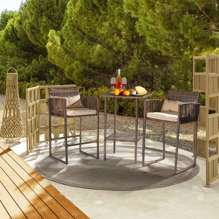 3pcs Outdoor Patio Bar Set Brown Gradient Rattan & Beige Cushion
