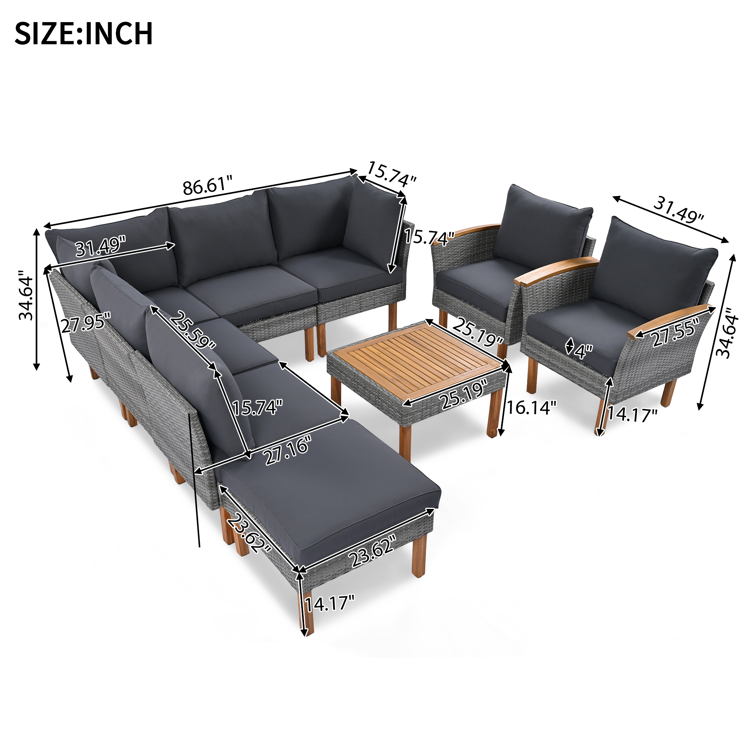 9-Piece Outdoor PE Rattan Patio Furniture Set, Gray