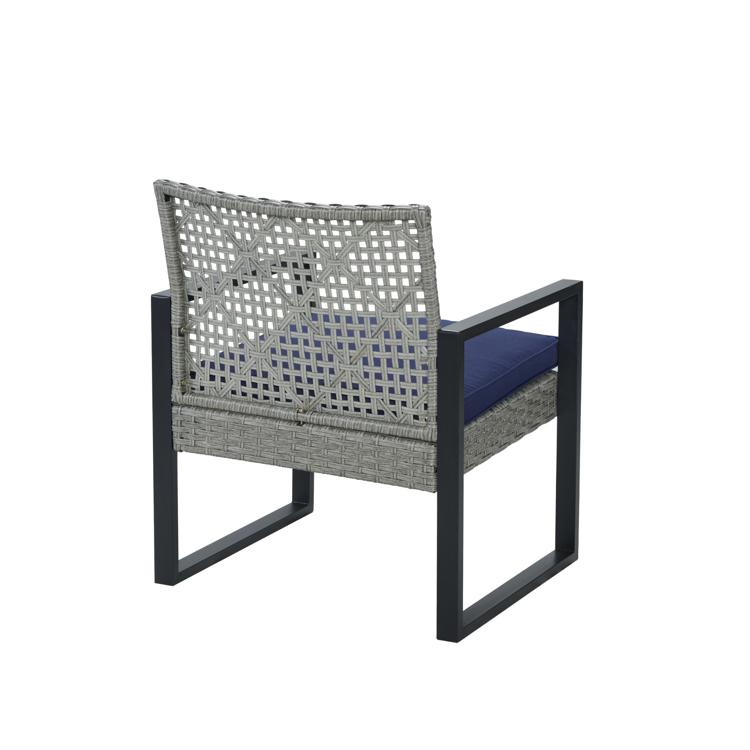 4-Piece Patio Furniture Set with Gray Acacia Wood Table Top, Light Gray Rattan & Blue Cushion