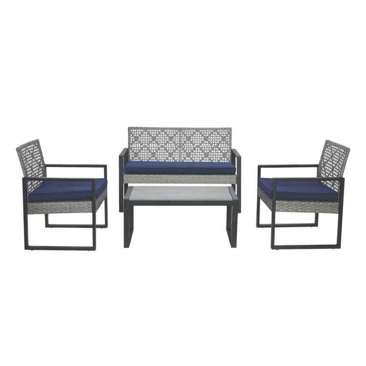 4-Piece Patio Furniture Set with Gray Acacia Wood Table Top, Light Gray Rattan & Blue Cushion