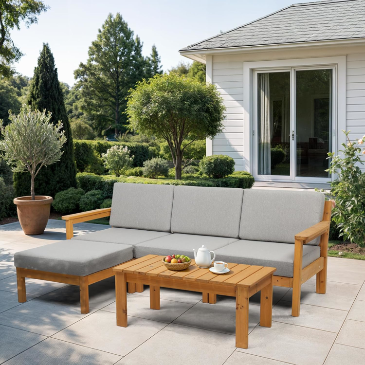 5-Piece Wooden Patio Sectional Sofa Set with Coffee Table,L-Shaped Outdoor Conversation Set