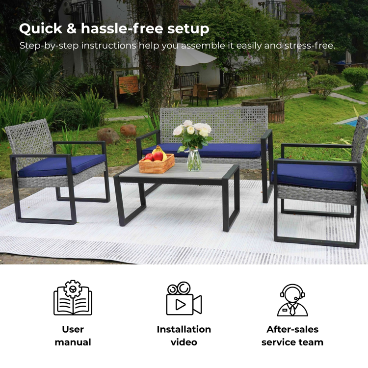 4-Piece Patio Furniture Set with Gray Acacia Wood Table Top, Light Gray Rattan & Blue Cushion