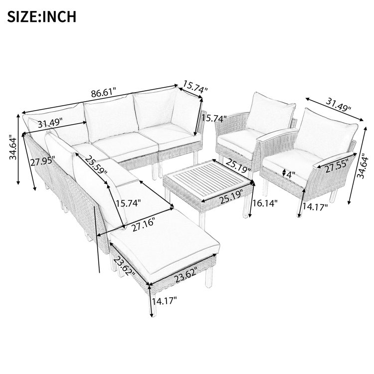 9-Piece Outdoor PE Rattan Patio Furniture Set, Gray