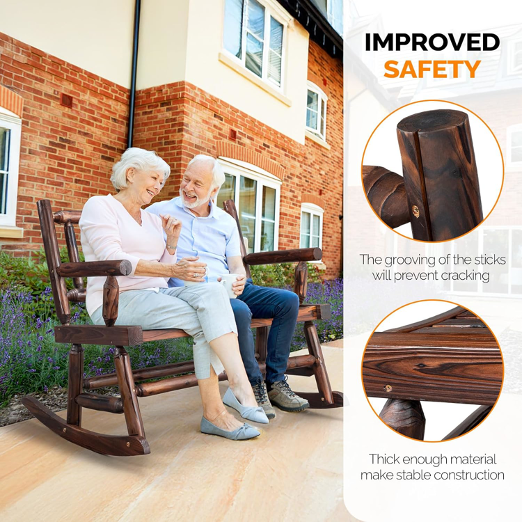 Fir Wood Double Rocking Chair, 550lb Capacity Weather-Resistant Outdoor Glider Bench with High Backrest - Natural or Rustic