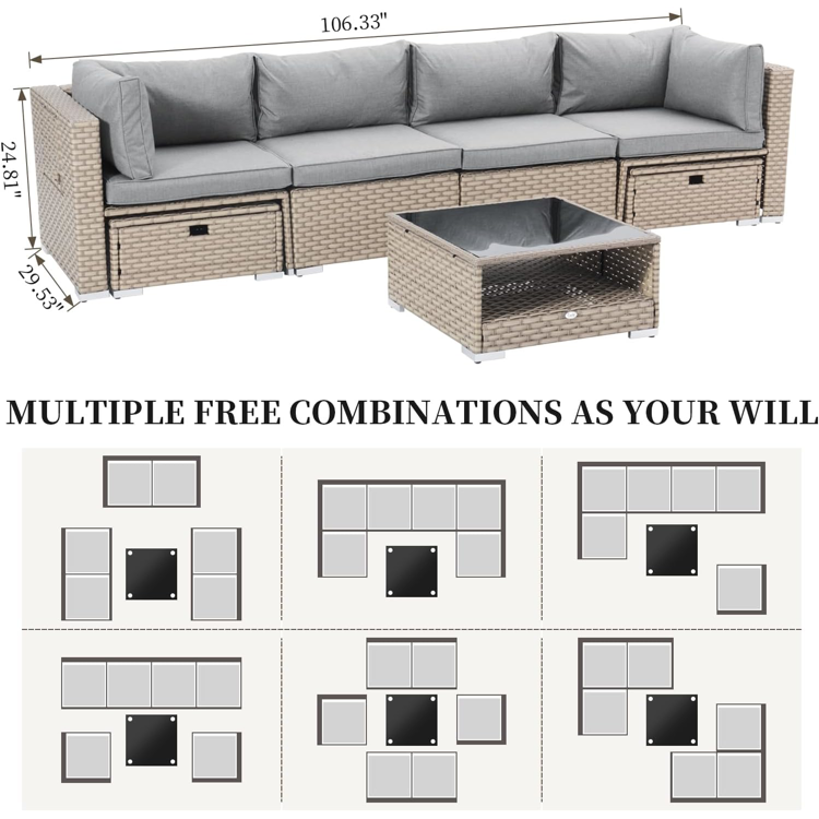 5pc wicker Patio Furniture Set, All Weather PE Wicker Sofa Set