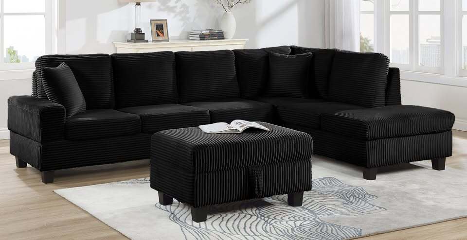 SH3223BkC-3SC 2PC REVERSIBLE SECTIONAL, Black CORDUROY